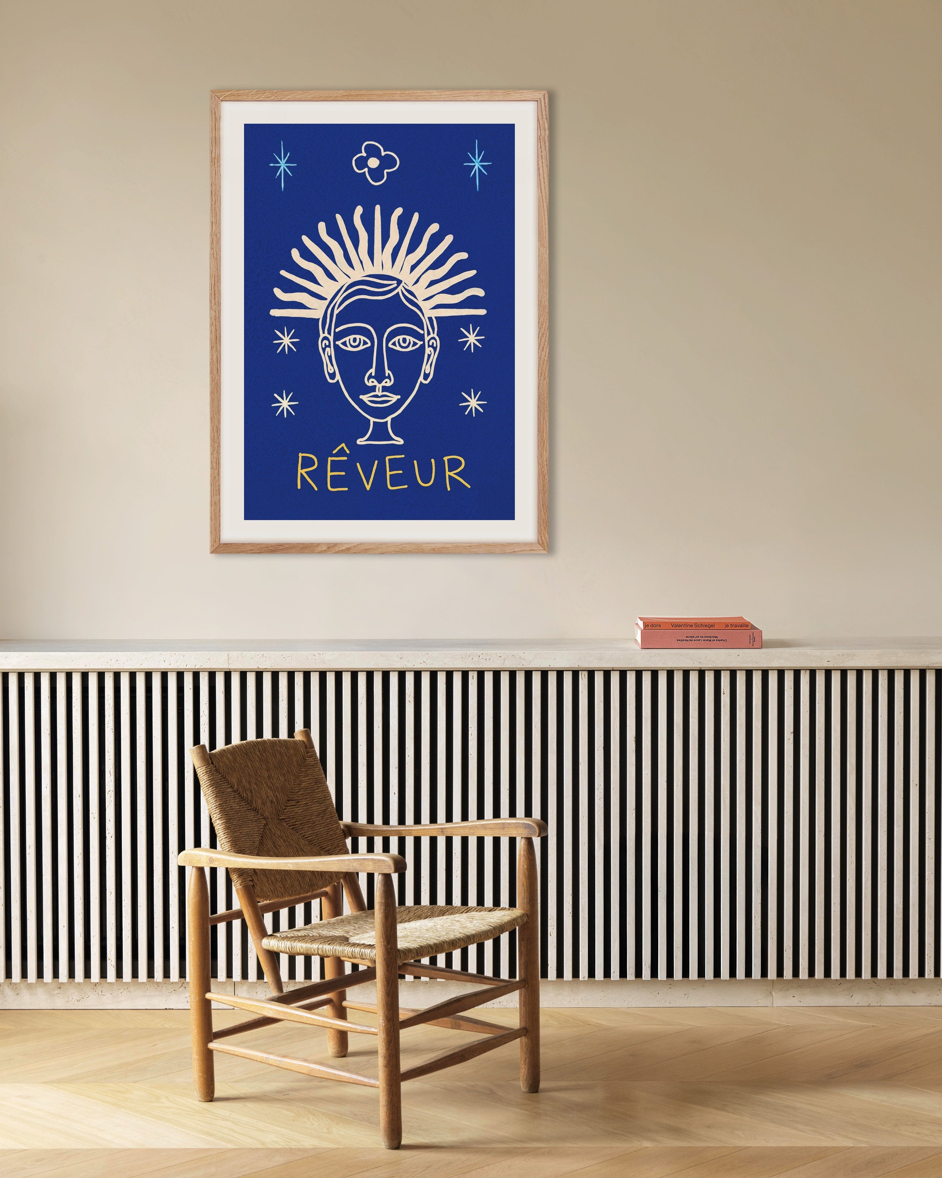 Poster of Rêveur - Sunburst Face on Deep Blue - Poster, with natural wooden frame