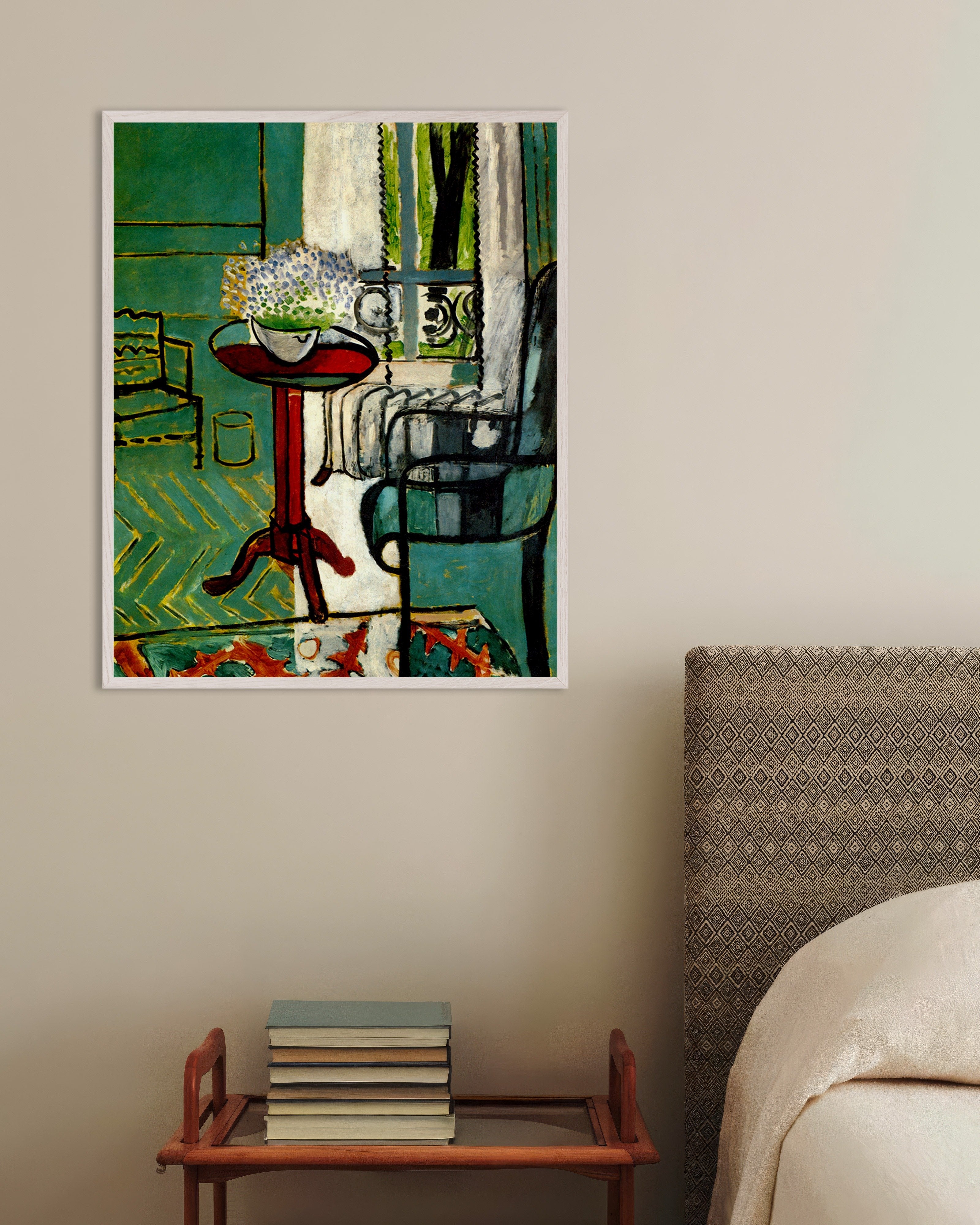 Poster of The window (Interior with forget-me-nots) by Henri Matisse, with white wooden frame