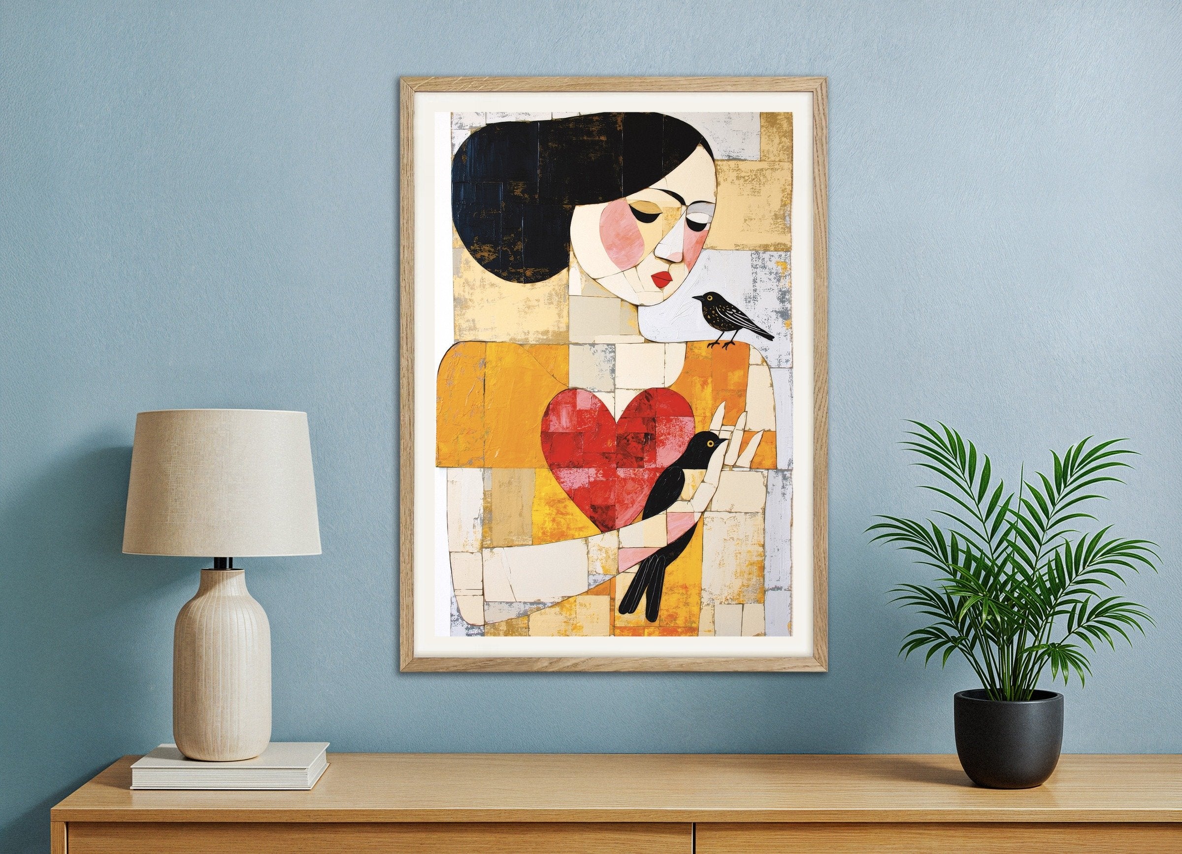 Poster of Woman with birds abstract art print, with natural wooden frame
